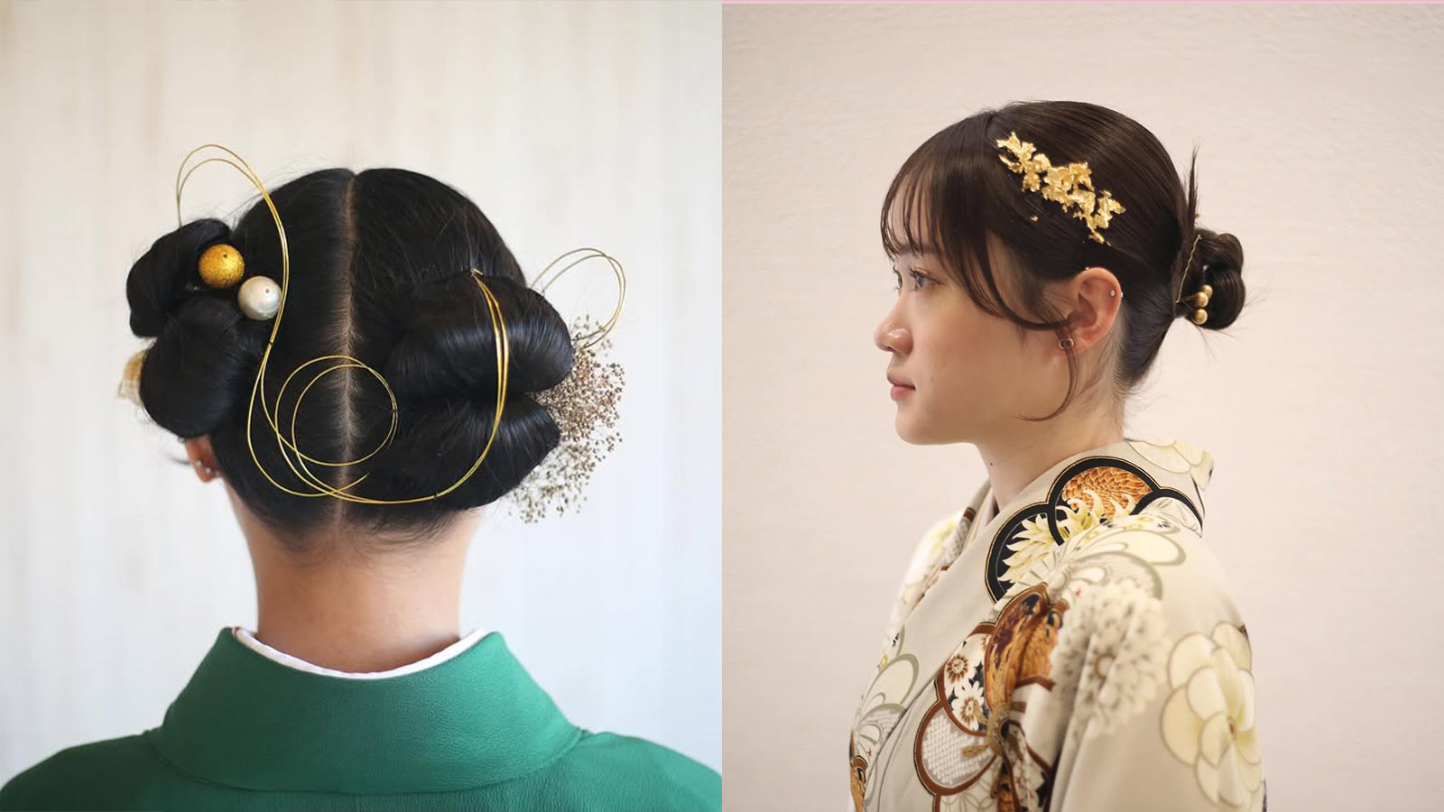 「和装に合わせたヘアセット。金色の水引や飾り玉を使ったアップスタイルと、サイドに金箔アクセサリーをあしらったシニヨンアレンジ」